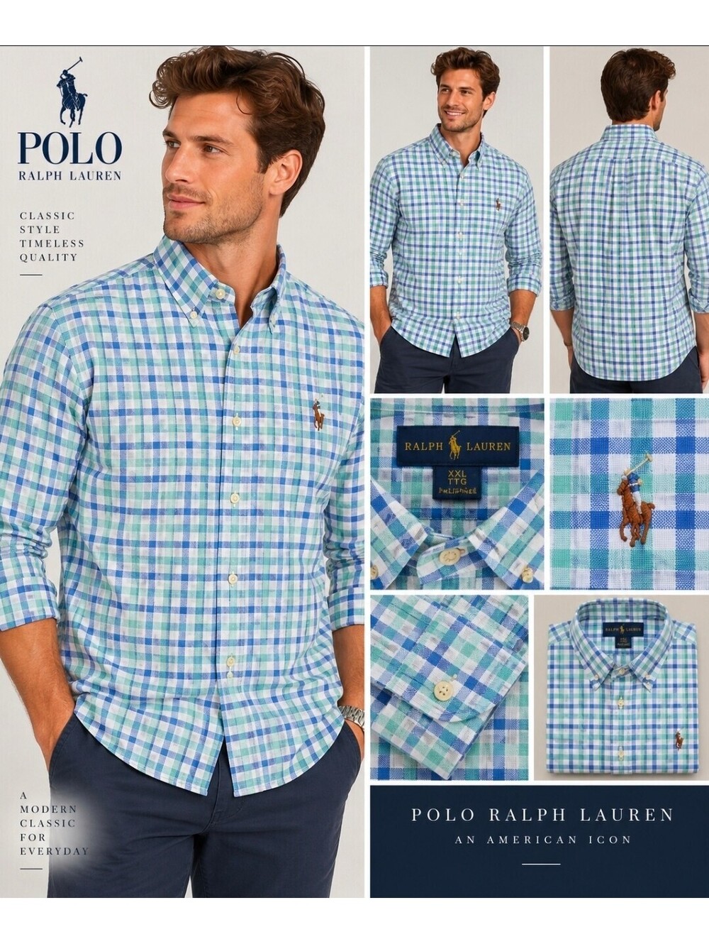 Polo Ralph Lauren Men XXL Blue Green Plaid Check Button Down Shirt Cotton Pony